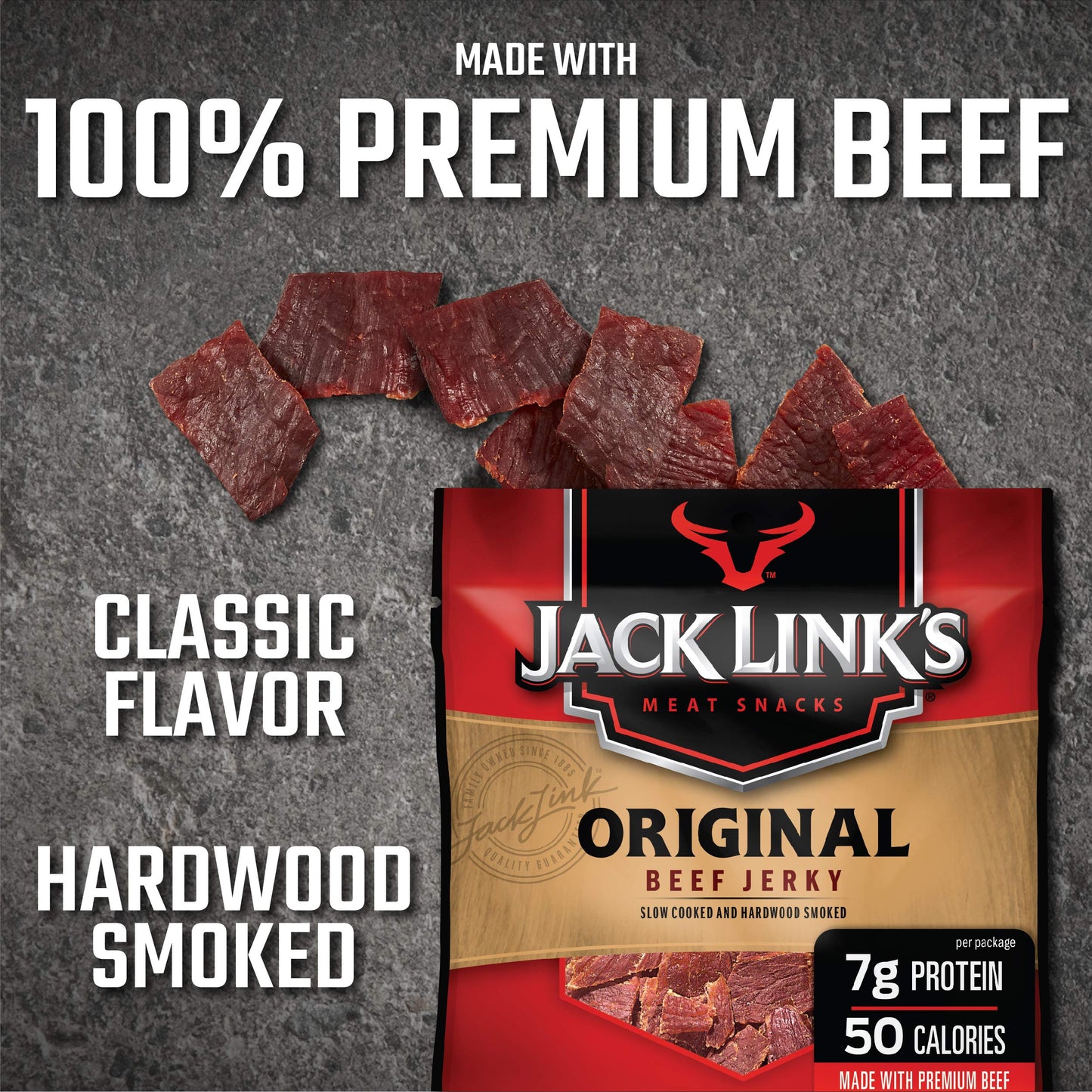 Jack Link's Beef Jerky 5 Count Multipack, Original, 5, 0.625 oz. Bags - Flavorful Meat Snack for Lunches, Ready to Eat - 7g of Protein, Made with 100% Beef - No Added MSG** or Nitrates/Nitrites