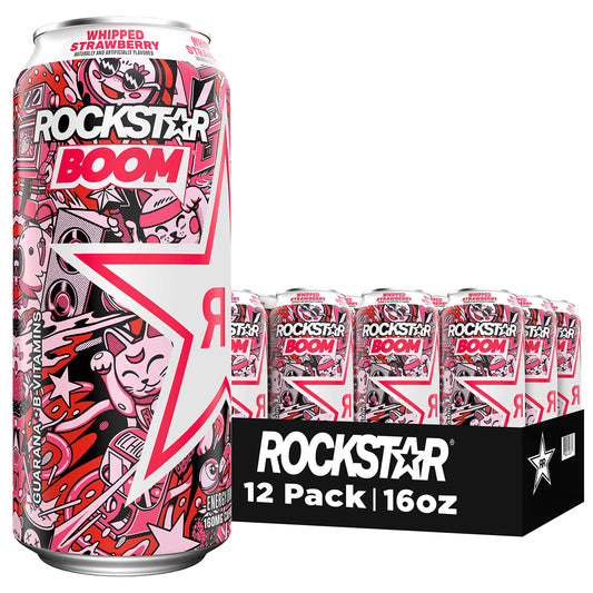 Rockstar, Boom Energy Drink with Caffeine and Taurine Packaging May Vary, Whipped Strawberry, 16 Fl Oz (Pack of 12)