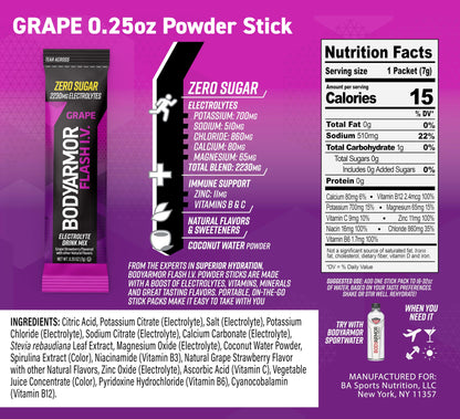 BODYARMOR Flash IV Electrolyte Packets, Strawberry Kiwi - Zero Sugar Drink Mix, Single Serve Packs, Coconut Water Powder (15 Count)