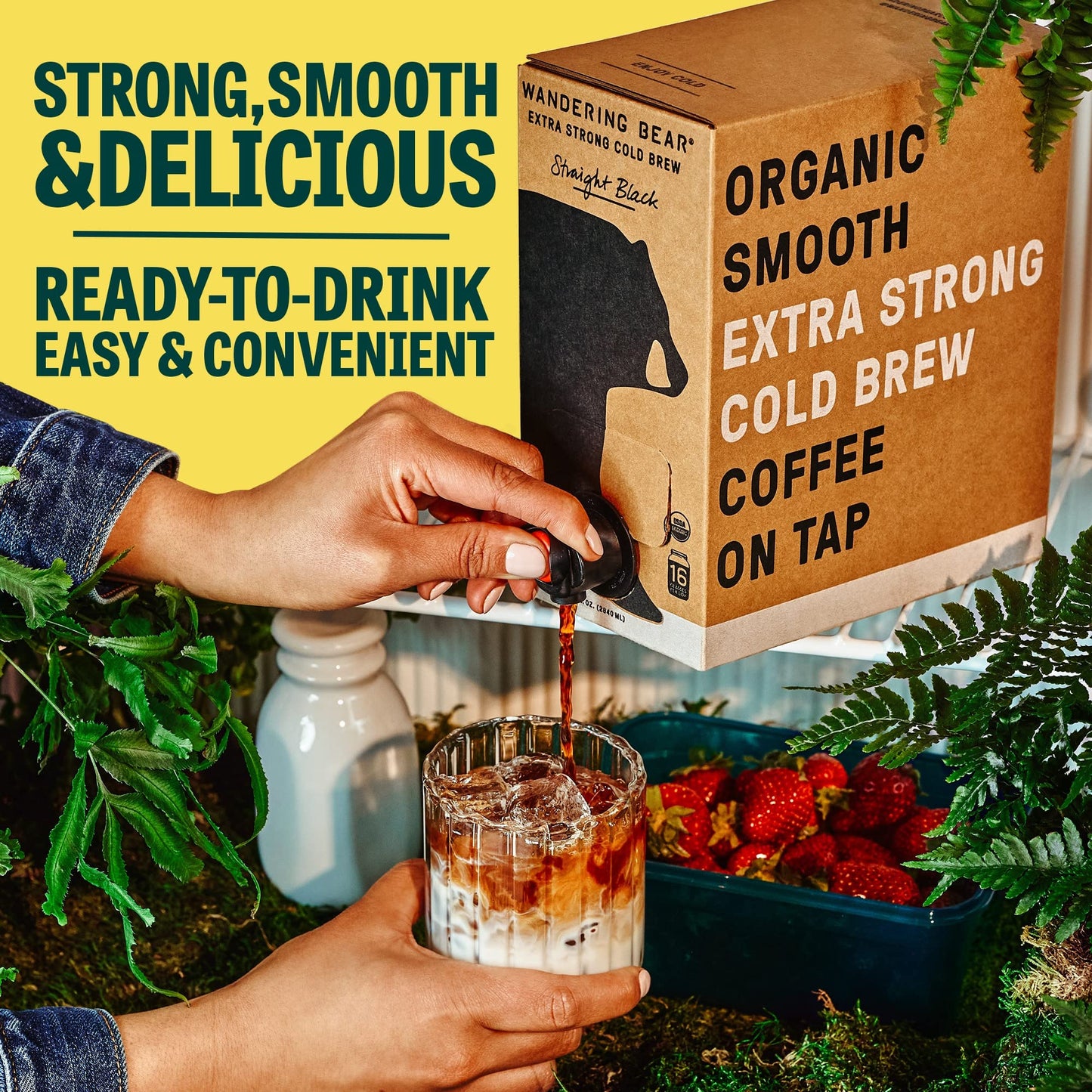 Wandering Bear Straight Black Organic Cold Brew Coffee On Tap, 96 fl oz - Extra Strong, Smooth, Unsweetened, Shelf-Stable, and Ready to Drink Iced Coffee, Cold Brewed Coffee, Cold Coffee