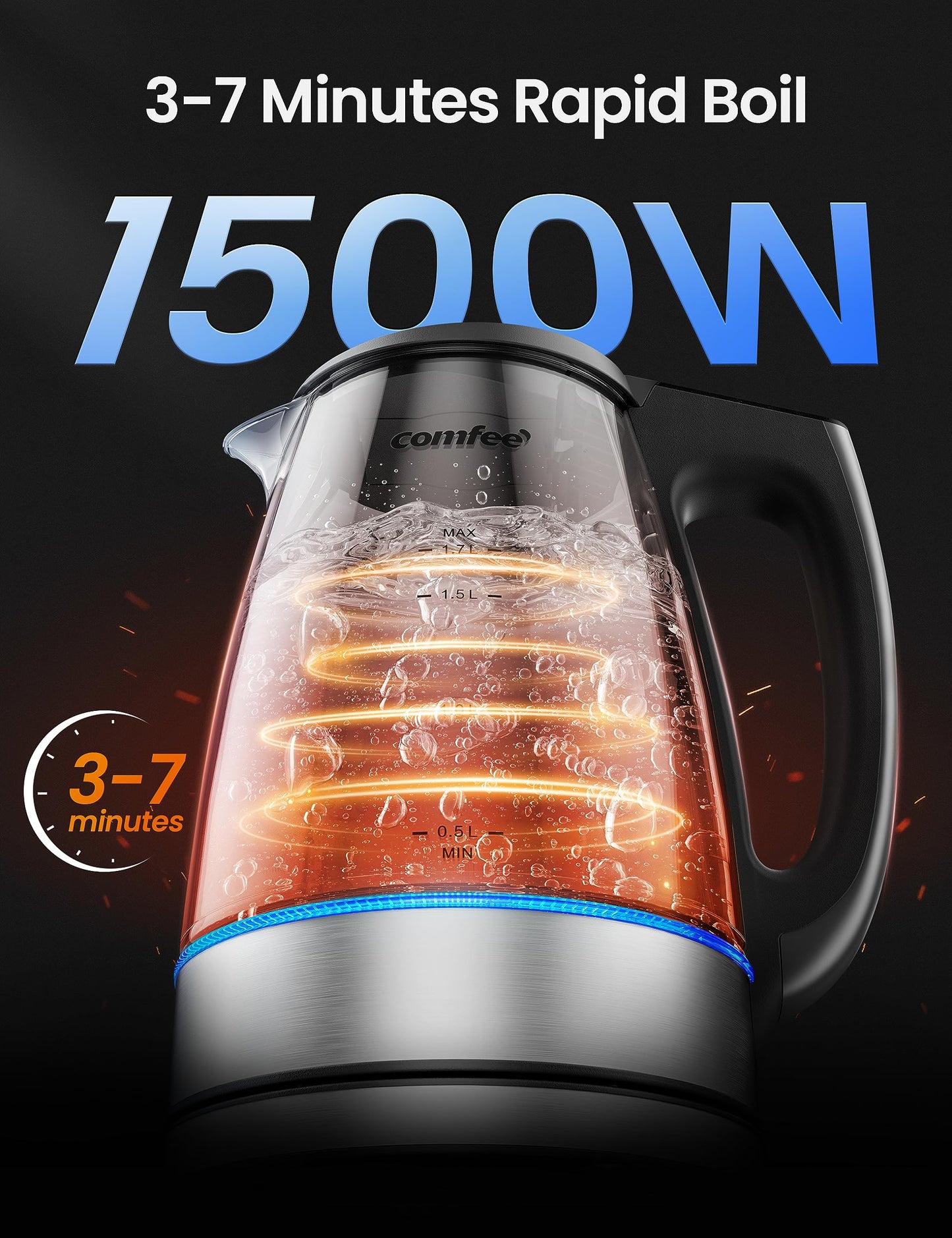 COMFEE' Stainless Steel Electric Kettle, 1.7 Liter Tea Kettle Electric & Hot Water Kettle, 1500W Fast Boil with LED Light, Auto Shut-Off and Boil-Dry Protection