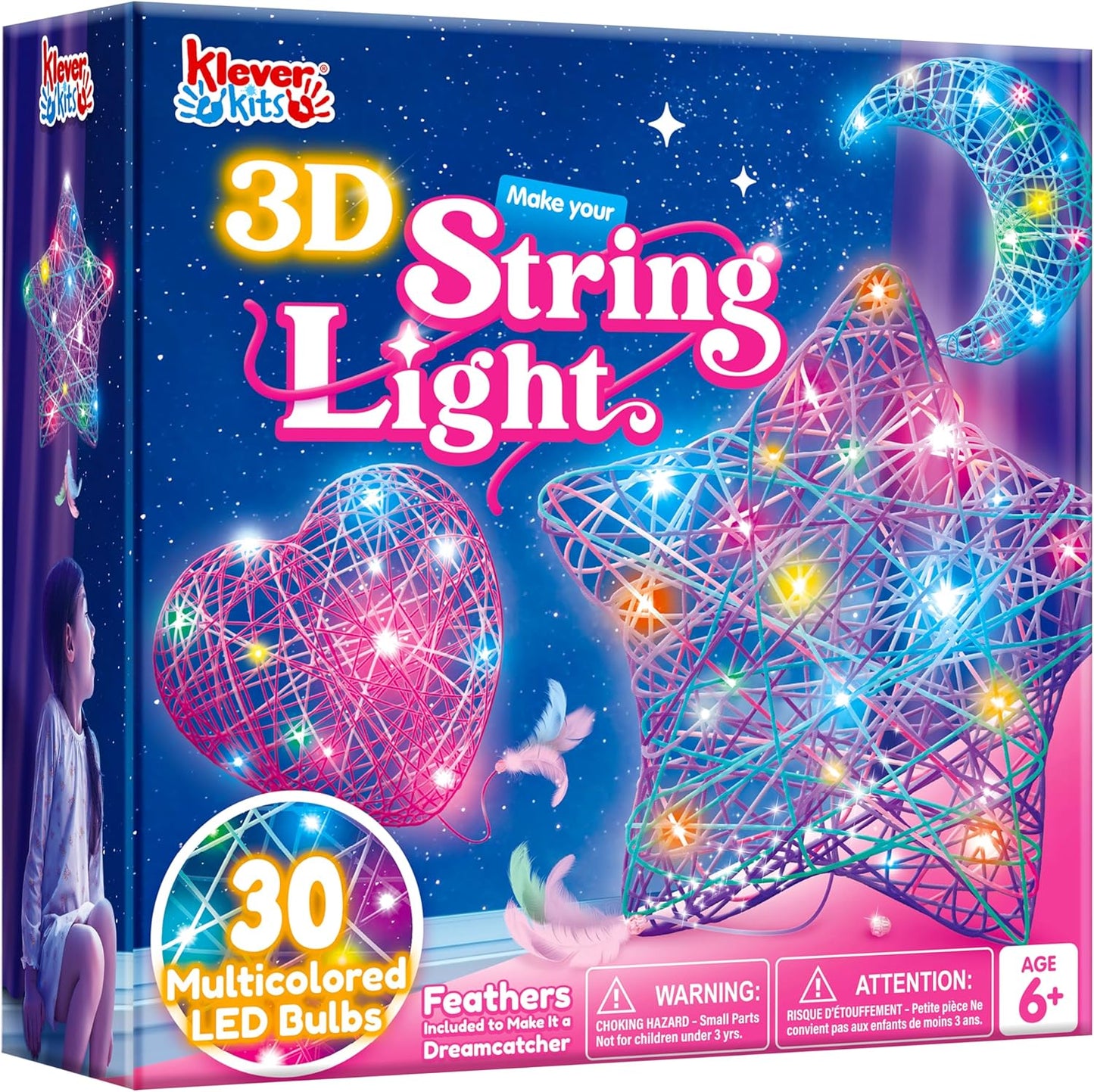 Klever Kits 3D String Art Kit for Kids, Light Up String Light Toy with 30 Multi-Colored LED Bulbs, Arts and Crafts Set, Birthday Gifts for Girls and Boys Ages 6+