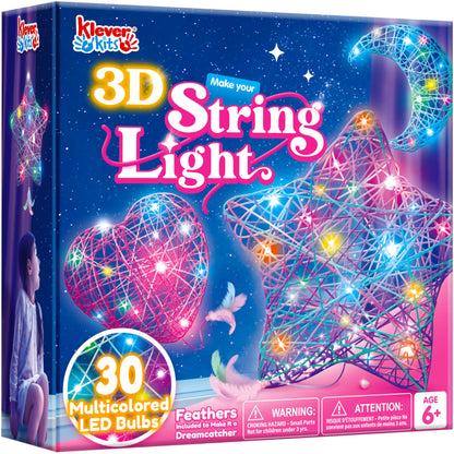 Klever Kits 3D String Art Kit for Kids, Light Up String Light Toy with 30 Multi-Colored LED Bulbs, Arts and Crafts Set, Birthday Gifts for Girls and Boys Ages 6+