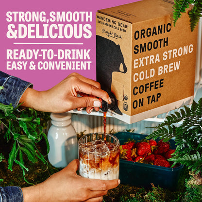 Wandering Bear Straight Black Organic Cold Brew Coffee On Tap, 96 fl oz - Extra Strong, Smooth, Unsweetened, Shelf-Stable, and Ready to Drink Iced Coffee, Cold Brewed Coffee, Cold Coffee