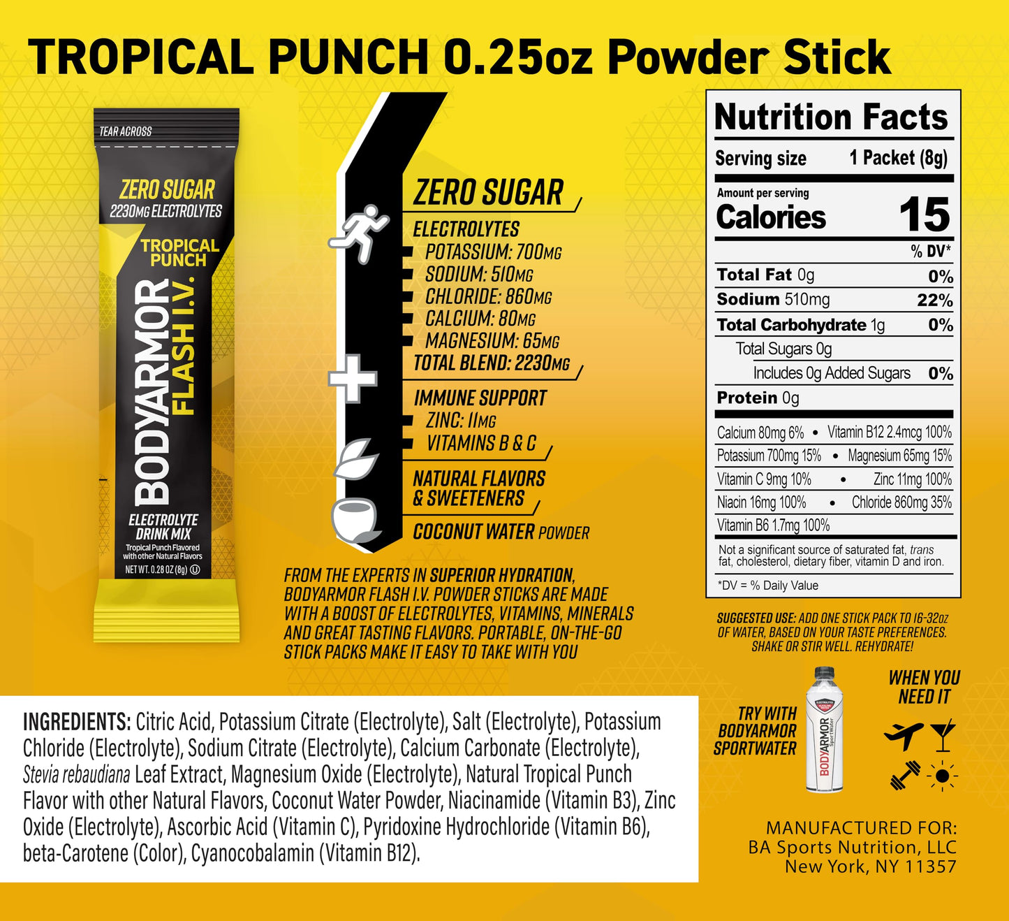 BODYARMOR Flash IV Electrolyte Packets, Strawberry Kiwi - Zero Sugar Drink Mix, Single Serve Packs, Coconut Water Powder (15 Count)