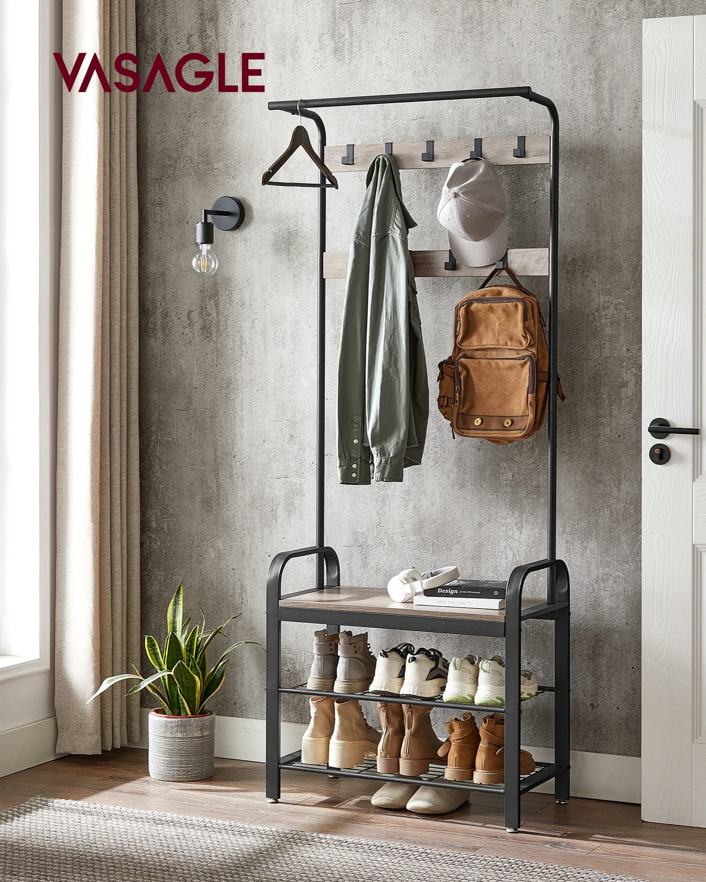 VASAGLE Coat Rack, Hall Tree with Shoe Bench for Entryway, Entryway Bench with Coat Rack, 4-in-1, with 9 Removable Hooks, a Hanging Rod, 13.3 x 28.3 x 72.1 Inches, Honey Brown and Black UHSR040B05