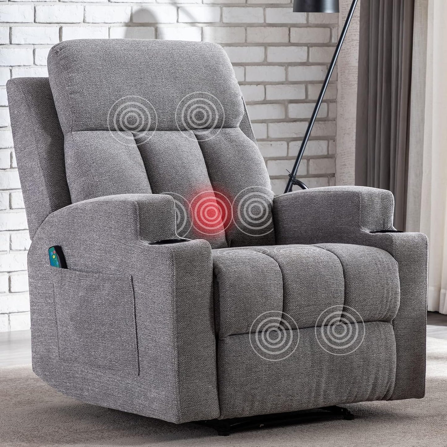 ANJ Home Manual Massage Recliner Chairs with Heat for Living Room, Overstuffed Breathable Fabric Reclining Chair with Side Pockets and Cup Holders, Single Sofa Home Theater Seating, Grey