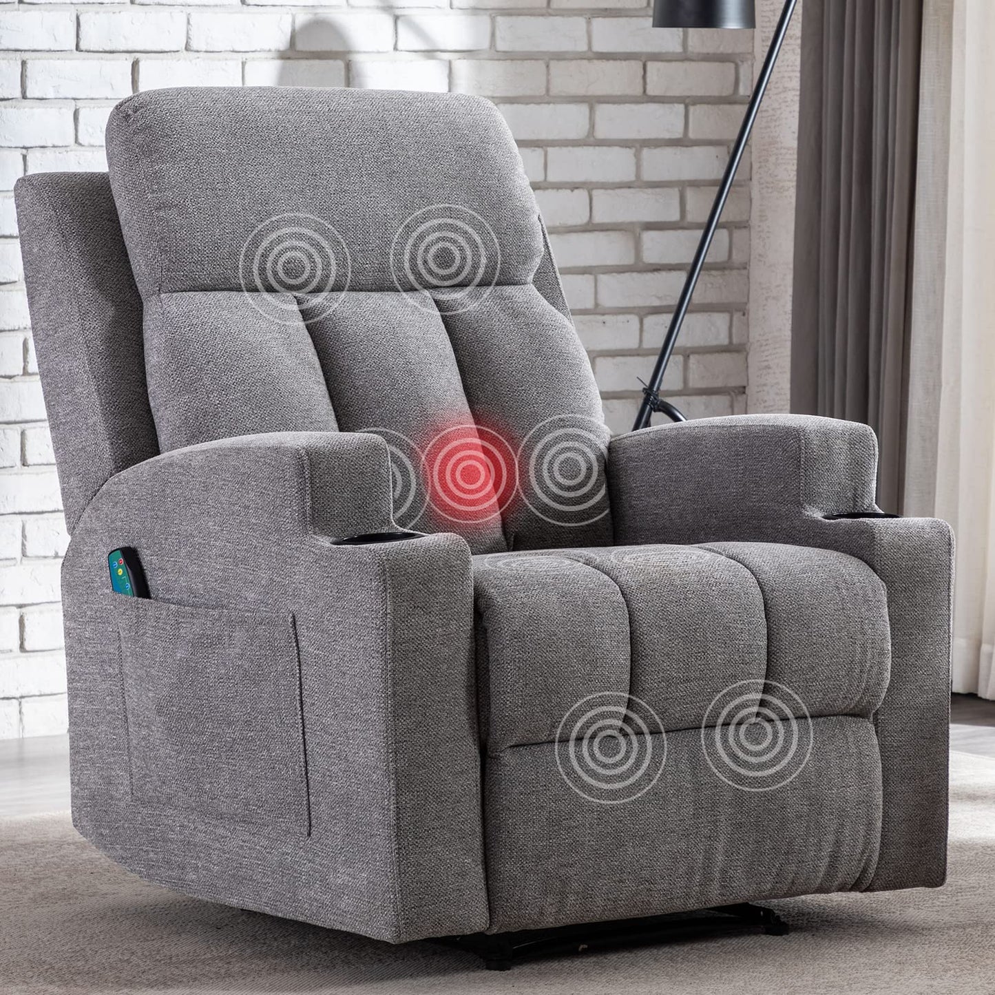 ANJ Home Manual Massage Recliner Chairs with Heat for Living Room, Overstuffed Breathable Fabric Reclining Chair with Side Pockets and Cup Holders, Single Sofa Home Theater Seating, Grey