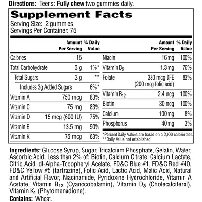 One A Day Teen for Him Multivitamin Gummies, Gummy Multivitamins with Vitamin A, C, D, E and Zinc for Immune Health Support, Physical Energy & more, 60 Count