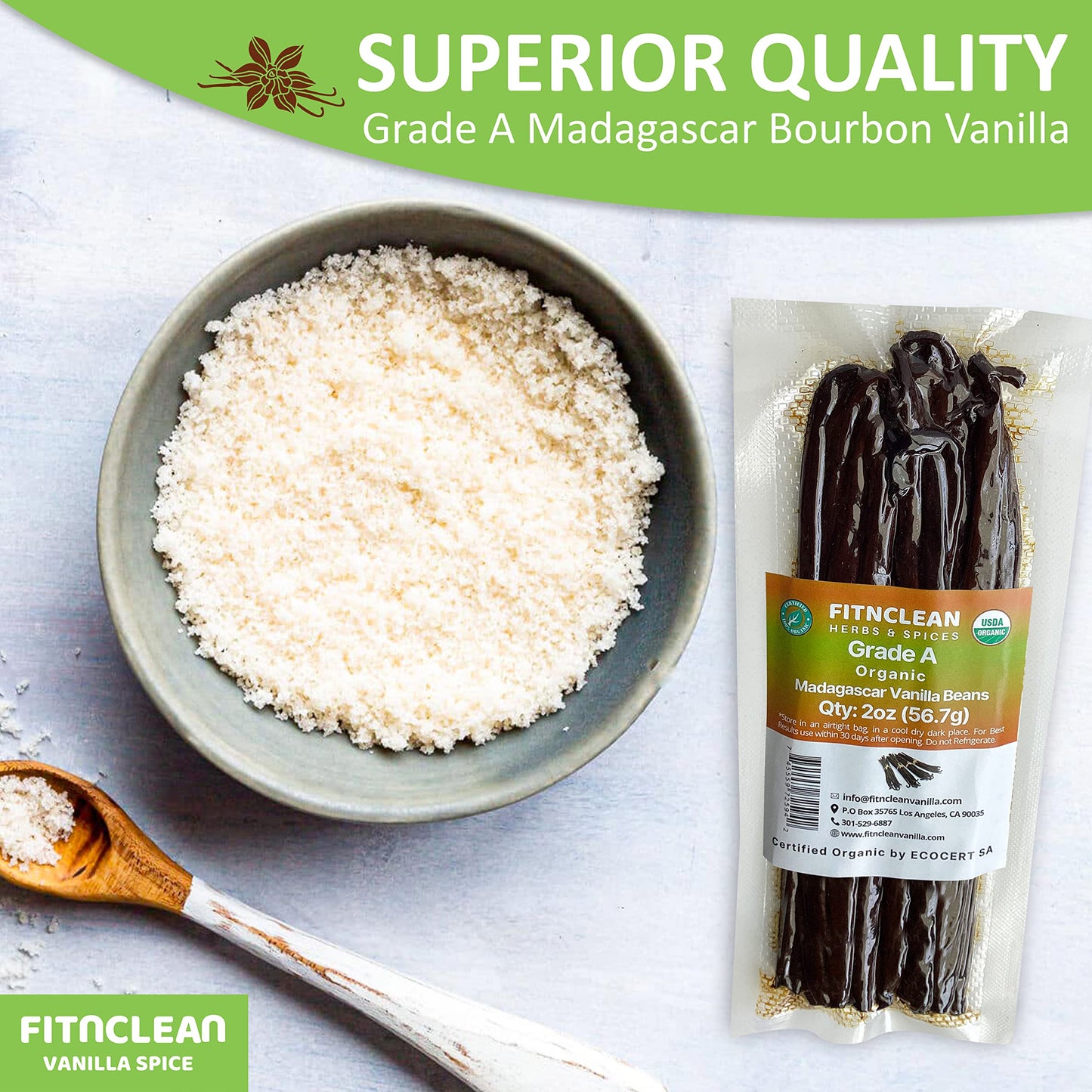 50 Organic Grade A Madagascar Vanilla Beans. Certified USDA Organic for Extract and all things Vanilla by FITNCLEAN VANILLA. ~5" Bulk Fresh Bourbon NON-GMO Pods.