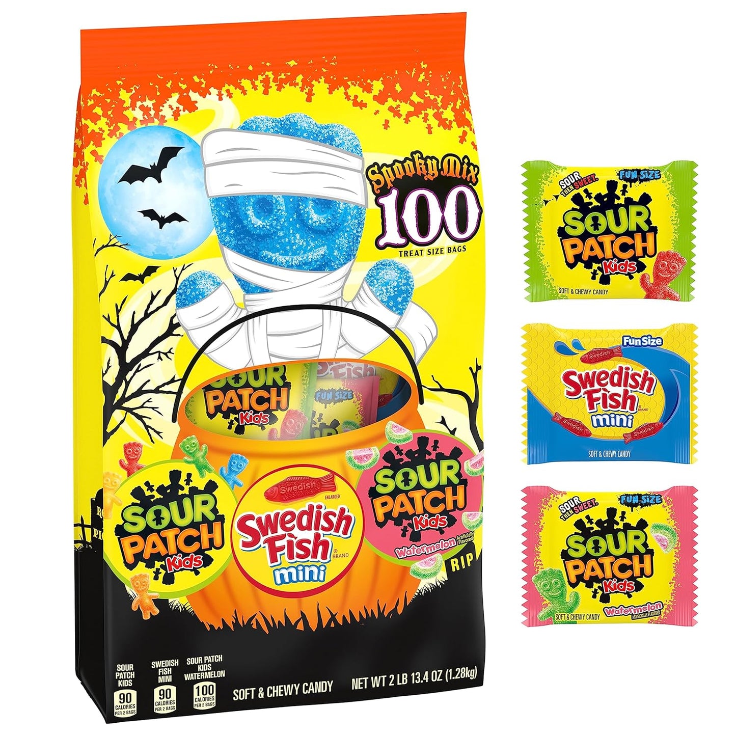 SOUR PATCH KIDS & SWEDISH FISH Mini Halloween Candy Variety Pack, Bulk Candy, 100 Trick or Treat Bags