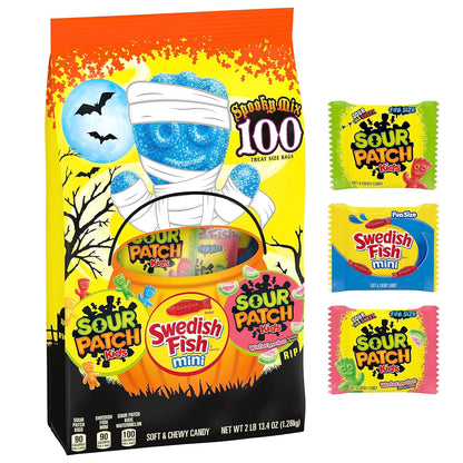 SOUR PATCH KIDS & SWEDISH FISH Mini Halloween Candy Variety Pack, Bulk Candy, 100 Trick or Treat Bags