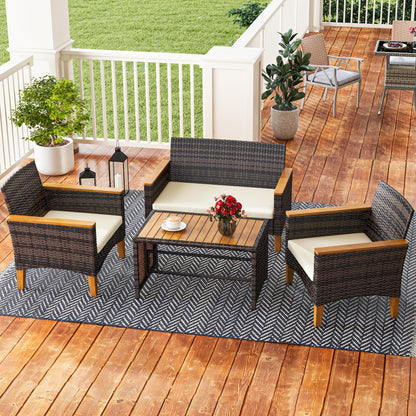 YITAHOME 4-Piece Patio Bistro Set, All-Weather Outdoor Patio Furniture Rattan Wicker Loveseat Conversation Set with Wooden Armrests, Curved Backrest, Glass Side Table, and Soft Cushions - Light Brown