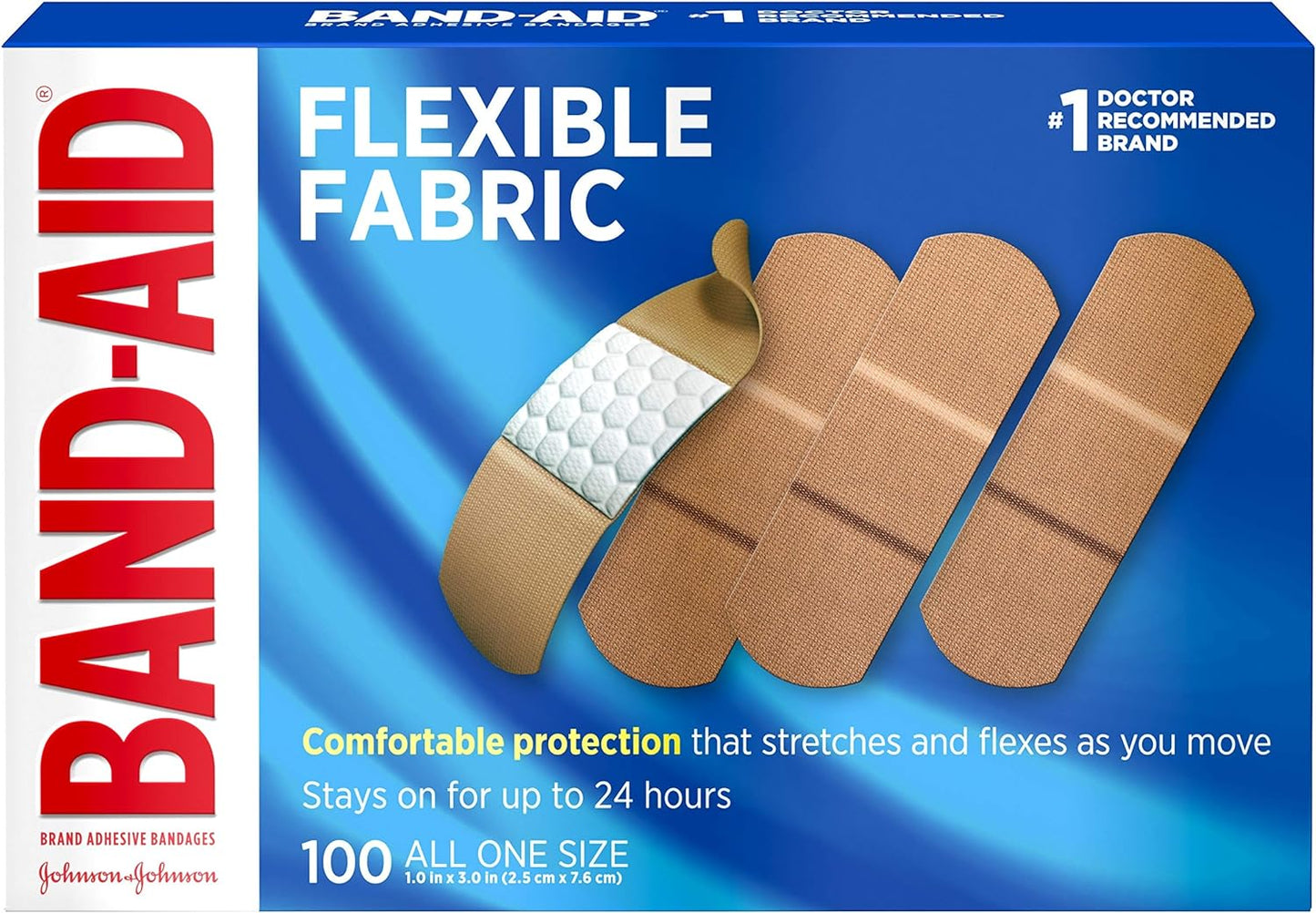 Band-Aid Brand Flexible Fabric Adhesive Bandages for Wound Care and First Aid, All One Size, 100 Count