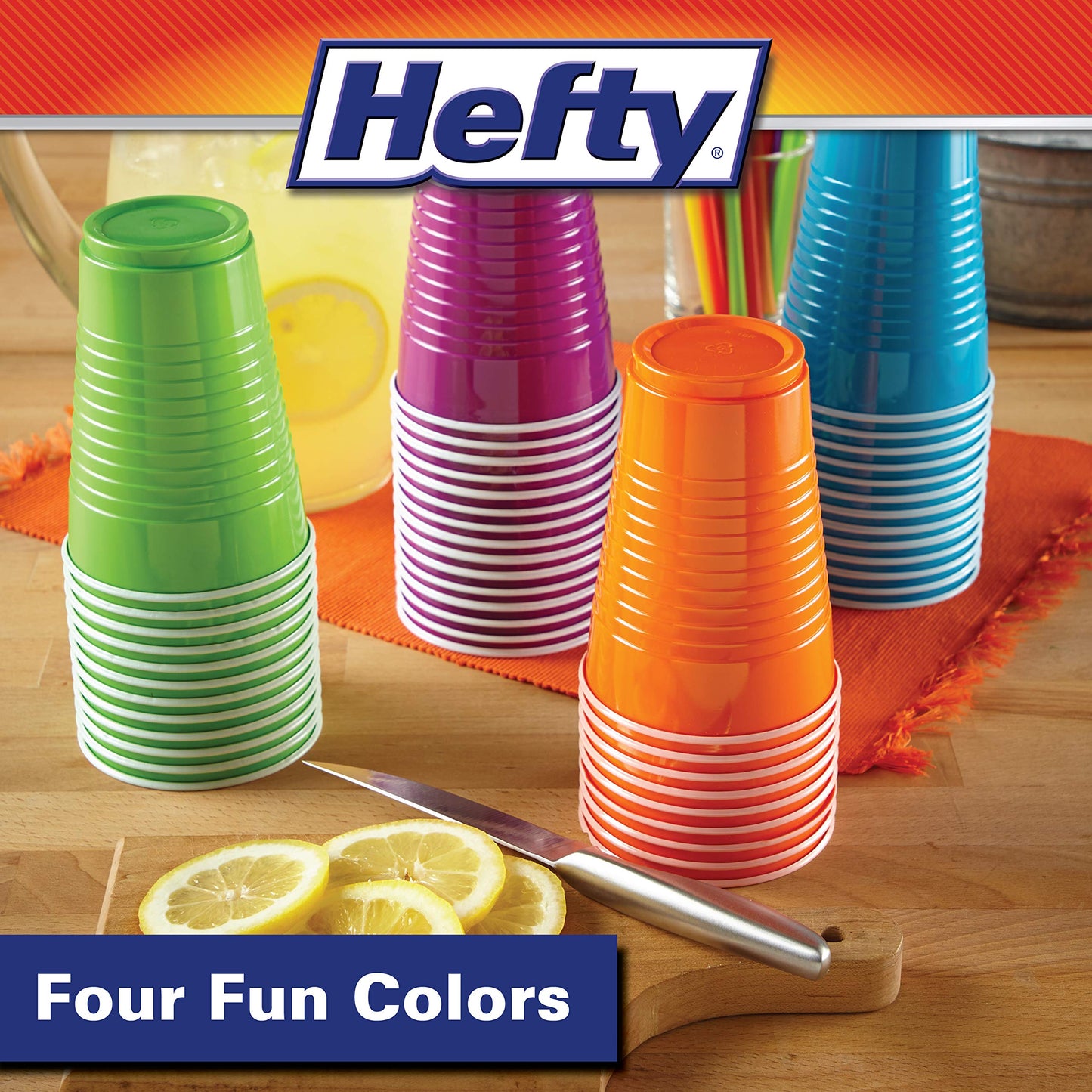 Hefty Party On Disposable Plastic Cups, Assorted, 16 Ounce, 100 Count