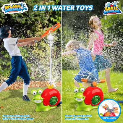 Water Sprinkler Baseball Toy - 2 in 1 Snail Water Baseball Water Wiffle Ball Game, Kids Outside Water Toy with 2 Sprinkler Heads, 360° Roating Spray Fun for Boys Girls Summer Backyard Party Lawn Pool