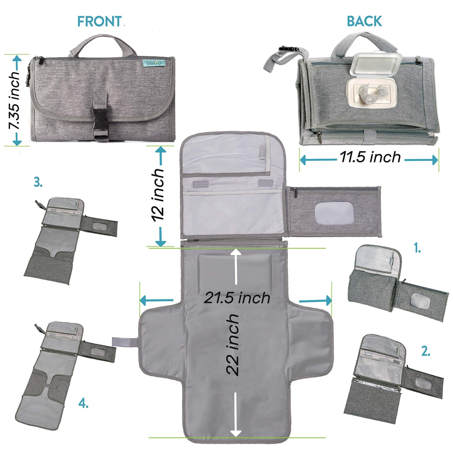 Portable Diaper Changing Pad, Portable Changing pad for Newborn Girl & Boy - Baby Changing Pad with Smart Wipes Pocket – Waterproof Travel Changing Kit - Baby Gift by Kopi Baby