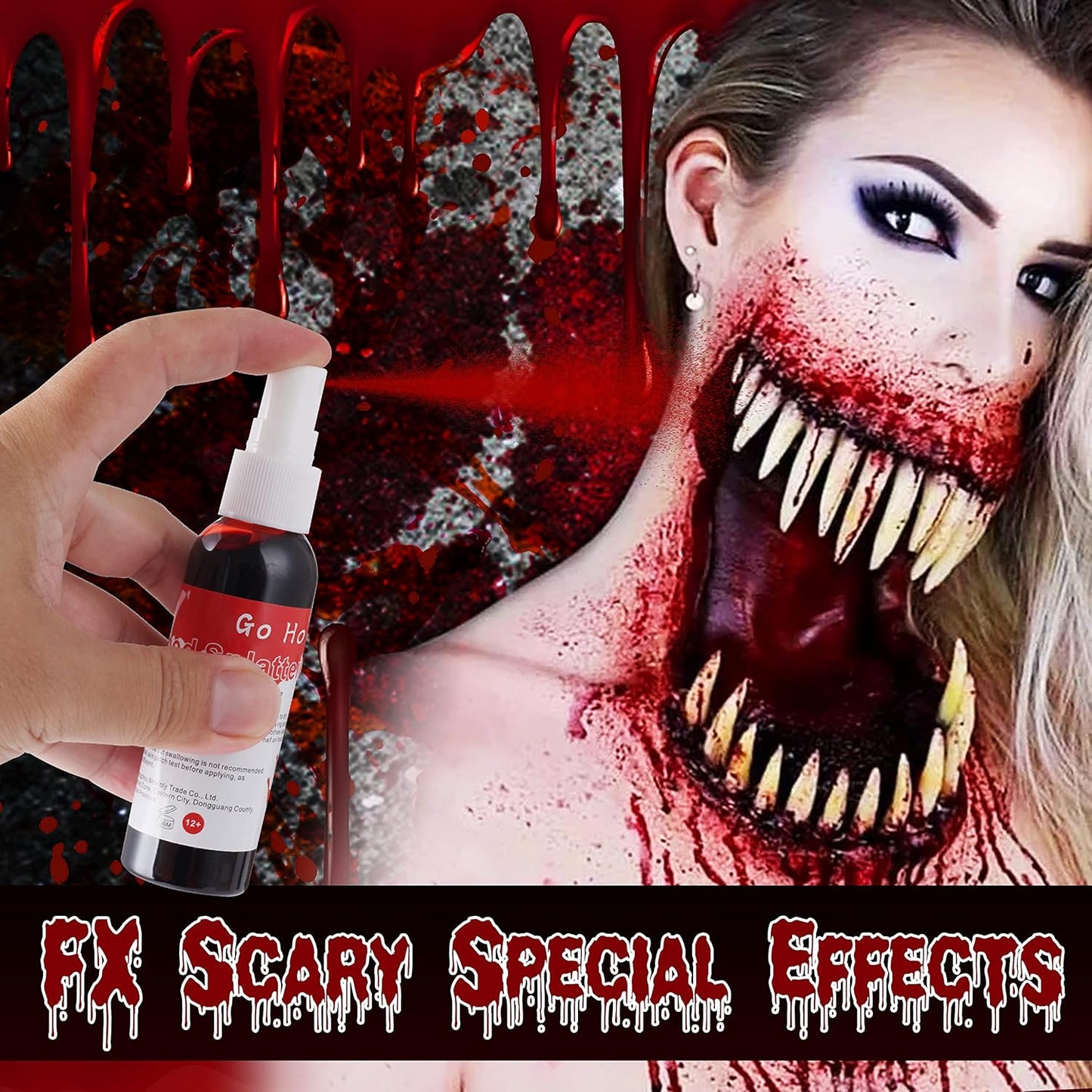 Go Ho Blood Splatter Fake Blood Washable(2.1 oz),Halloween Fake Blood Spray Eye Blood Drops Body Paint,Fake Blood for Clothes and Zombie Monster Vampire Clown Costume Cosplay Makeup,1PC