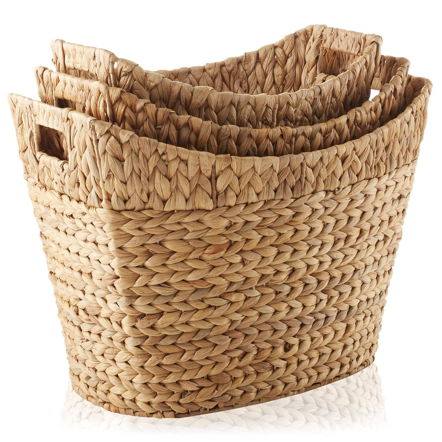 Casafield Set of 3 Multipurpose Boat Baskets with Handles - Natural, Woven Water Hyacinth Storage Organizers for Throw Blankets, Bedroom, Living Room, Laundry