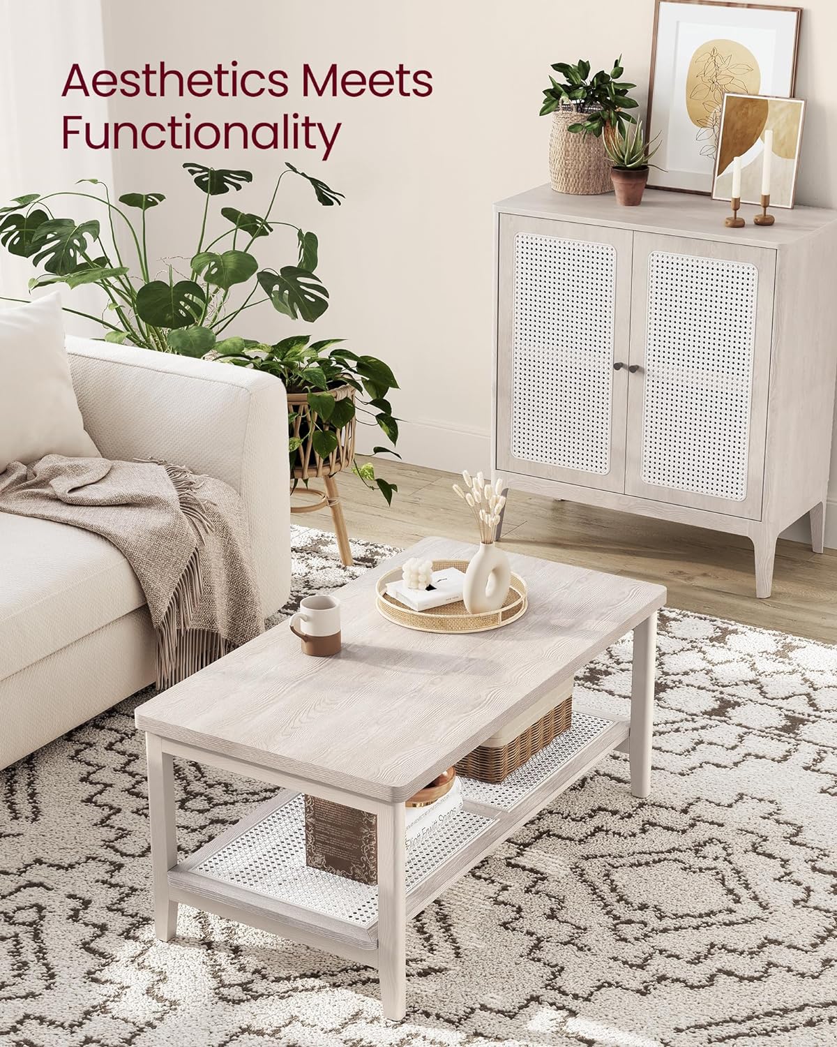 VASAGLE 2-Tier Coffee Table for Living Room, Living Room Table Rectangular Center Table, with PVC Rattan Storage Shelf, Rounded Corners, Easy Assembly, Boho Style, Oatmeal Beige ULCT240K66