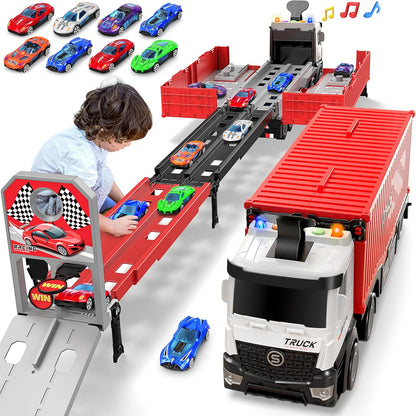 Carrier Truck Race Track Kids Toys, Foldable 3 Layer Car Race Track Playset, Toy Truck Transport Car Carrier & 8 Race Cars, Truck Car Toddlers Toys Xmas Gifts for Age 3 4 5 6+ Years Old Boys Girls