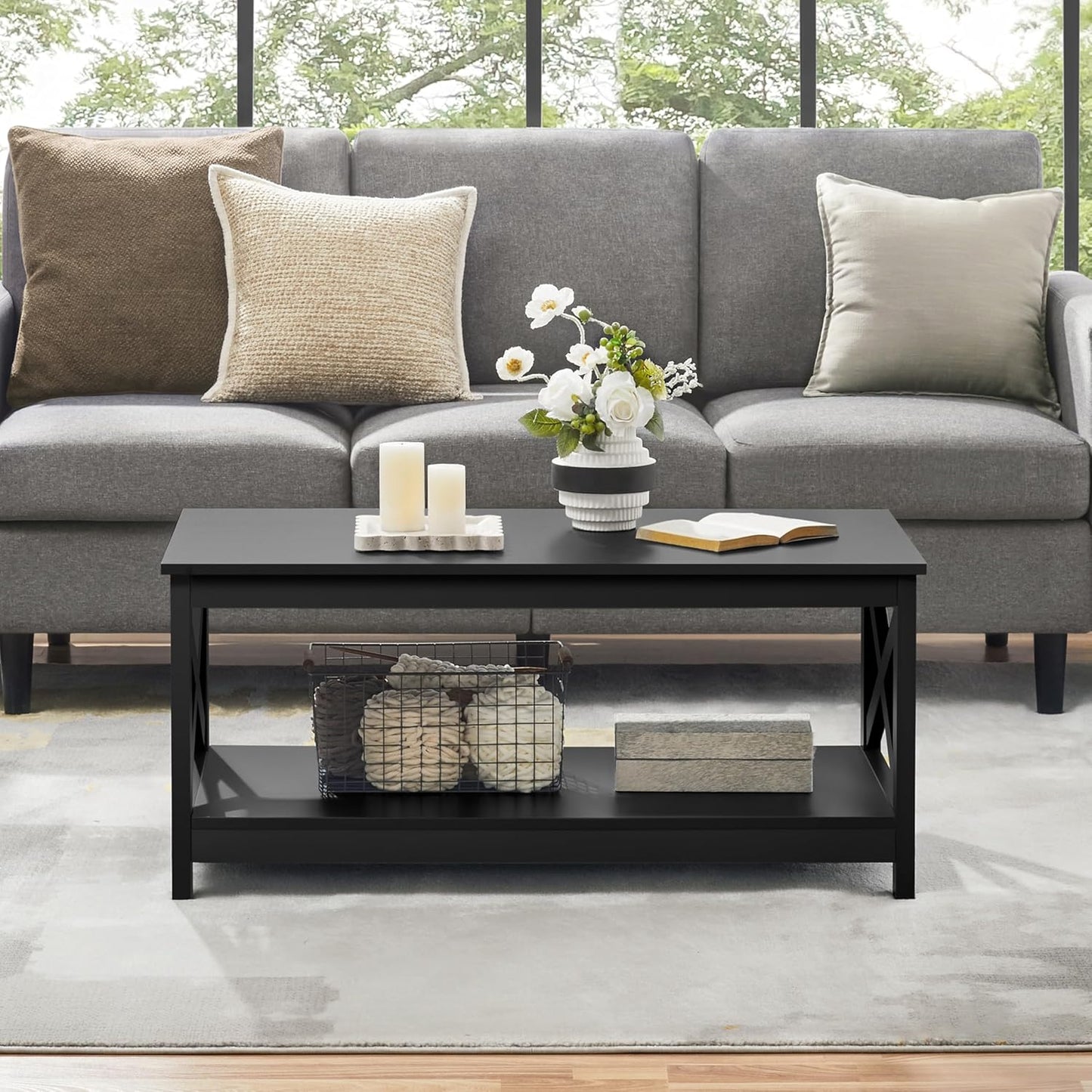 Yaheetech Wood 2-Tier Black Coffee Table with Storage Shelf for Living Room, X Design Accent Cocktail Table, Easy Assembly Home Furniture, 39.5 x 21.5 x 18 Inches