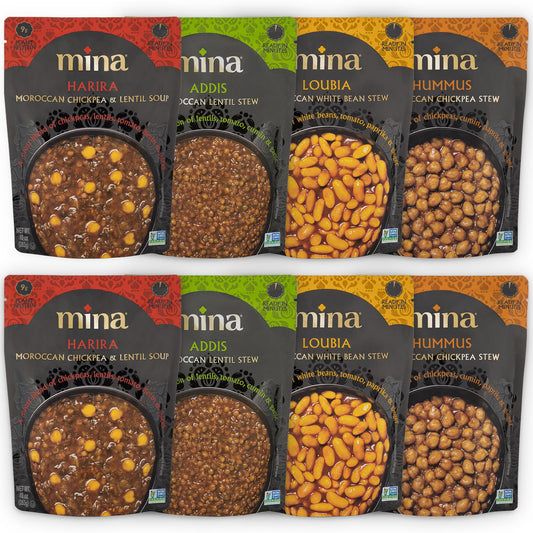 Mina Moroccan Lentils, Chickpeas, White Beans, Harira, Variety 8 Pack, Ready to Eat, Vegan, Non-GMO, Gluten Free, Kosher, Microwavable, Packaged Meals & Side Dishes, 10 oz (Pack of 8)