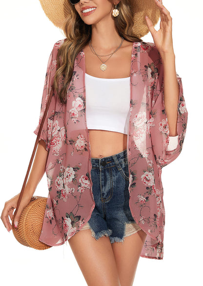 Womens Kimono Beach Cover Up Chiffon Cardigan Floral Tops Loose Capes