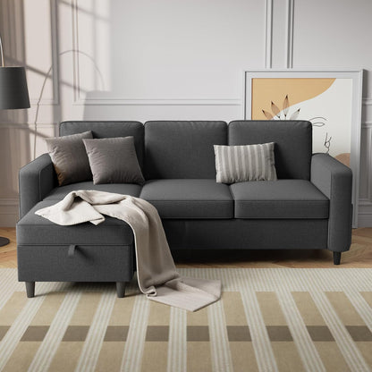 Sectional Sofa Couches for Living Room - 78'' Dark Grey 3 Seat L-Shaped Couch with Storage Ottoman, Modern Linen Convertible Sectionals Sofas with Chaise for Apartment, Office, Small Space