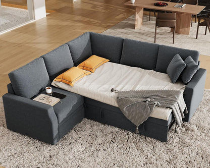 Jocisland Sofa Bed, 85 Inch Sleeper Sofa with Pull Out Bed & Storage Seat, Oversized L Shape Sectional Sofa for Living Room Apartment, Grey Linen Reversible Couch