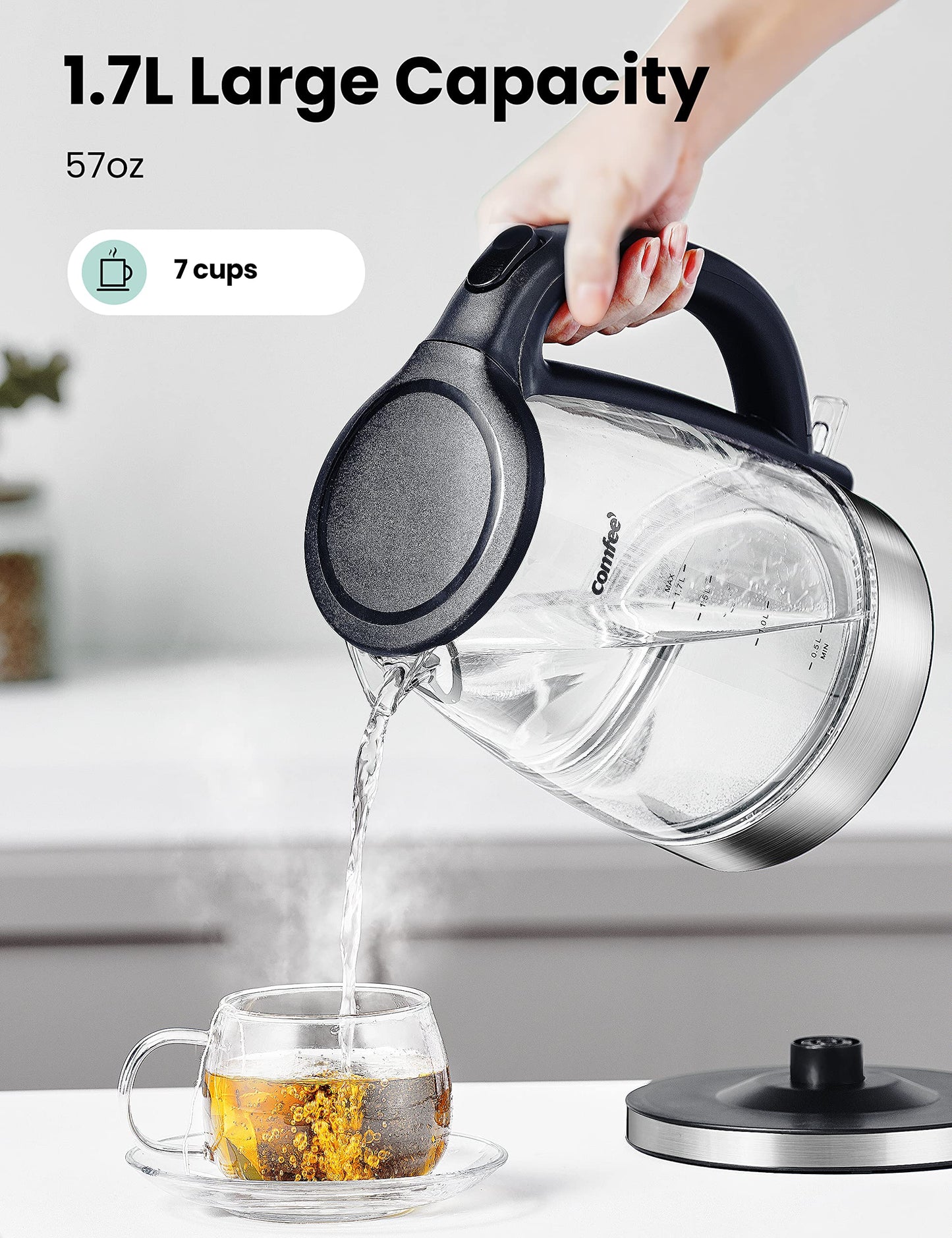 COMFEE' Stainless Steel Electric Kettle, 1.7 Liter Tea Kettle Electric & Hot Water Kettle, 1500W Fast Boil with LED Light, Auto Shut-Off and Boil-Dry Protection