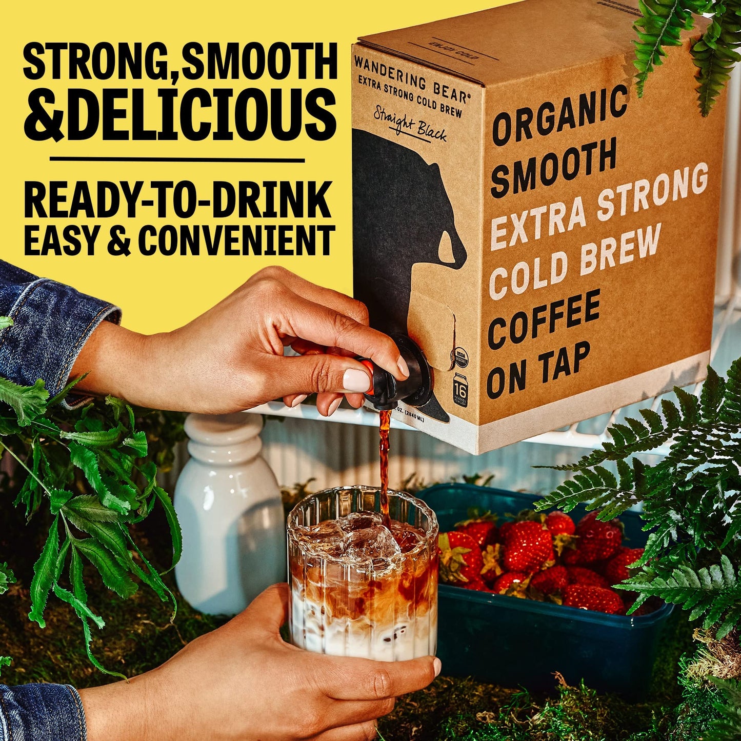 Wandering Bear Straight Black Organic Cold Brew Coffee On Tap, 96 fl oz - Extra Strong, Smooth, Unsweetened, Shelf-Stable, and Ready to Drink Iced Coffee, Cold Brewed Coffee, Cold Coffee