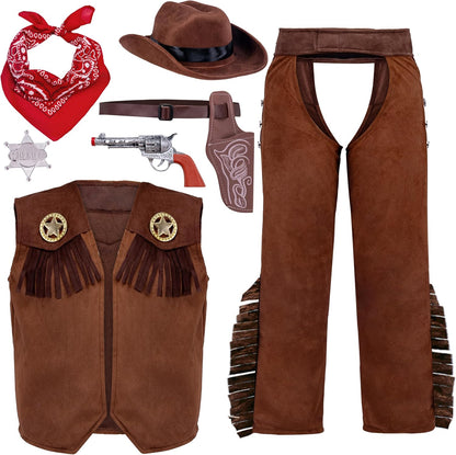 Spooktacular Creations Halloween Cowboy Costume for Boys, Kids Cowboy Costume Set, Brown Western Style Cowboy Outfit with Cowboy Hat for Toddler Dress-up, RolePlay Party (Small (5-7 YRS))