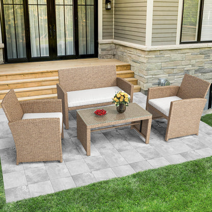 YITAHOME 4-Piece Patio Bistro Set, All-Weather Outdoor Patio Furniture Rattan Wicker Loveseat Conversation Set with Wooden Armrests, Curved Backrest, Glass Side Table, and Soft Cushions - Light Brown