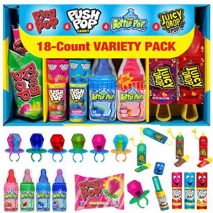 Bazooka Candy Brands Halloween Candy Variety Pack - 18 Ct Lollipops with Assorted Flavors From Ring Pop, Push Pop, Baby Bottle Pop & Juicy Drop - Halloween Candy Mix Gift Box For Parties & Goodie Bags