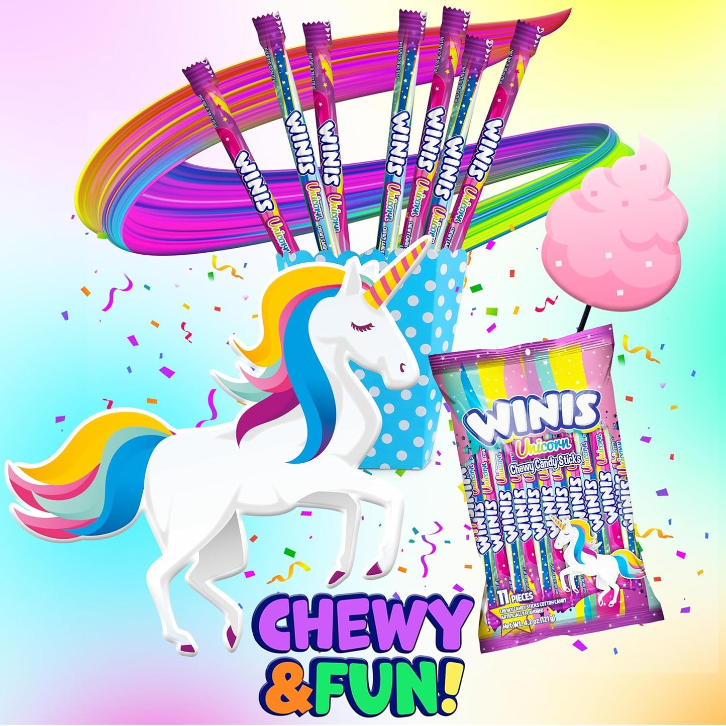 Chewy Candy Swirl | Winis Unicorn |Cotton Candy Flavored | Sharing Size 4.3 Oz Bag - 11 Pieces