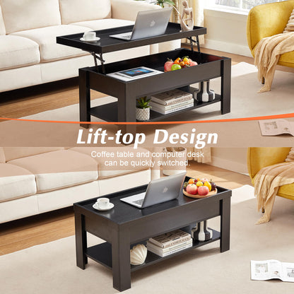 VECELO Lift Top Coffee Table with Storage Shelf and Hidden Compartment for Living Room/Office Reception, Black, Brown