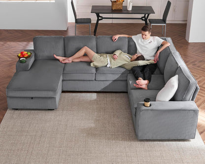 Oversized Sofa, 112 inch U Shaped Sofa with USB Ports, Sectional Sofa Couch with Storage Chaise, Corduroy Grey