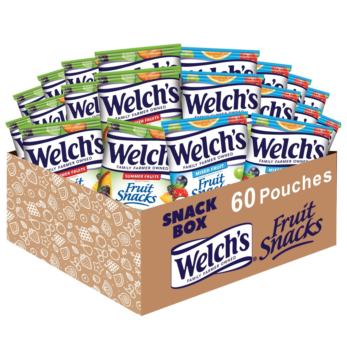 Welch's Fruit Snacks, Mixed Fruit & Berries 'N Cherries Bulk Variety Pack, Perfect for School Lunches, Gluten Free, 0.8 oz Individual Single Serve Bags (Pack of 60)