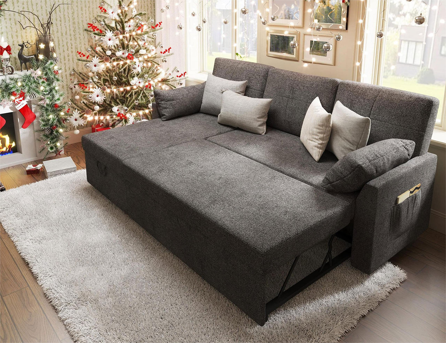 VanAcc Sleeper Sofa, Sofa Bed- 2 in 1 Pull Out Couch Bed with Storage Chaise for Living Room, Sofa Sleeper with Pull Out Bed, Grey Linen Couch