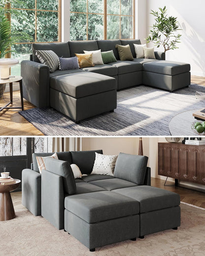 LINSY HOME Modular Sectional Sofa, Convertible U Shaped Sofa Couch with Storage, Memory Foam, Modular Sectionals with Ottomans, 6 Seat Sofa Couch with Chaise for Living Room, Dark Grey