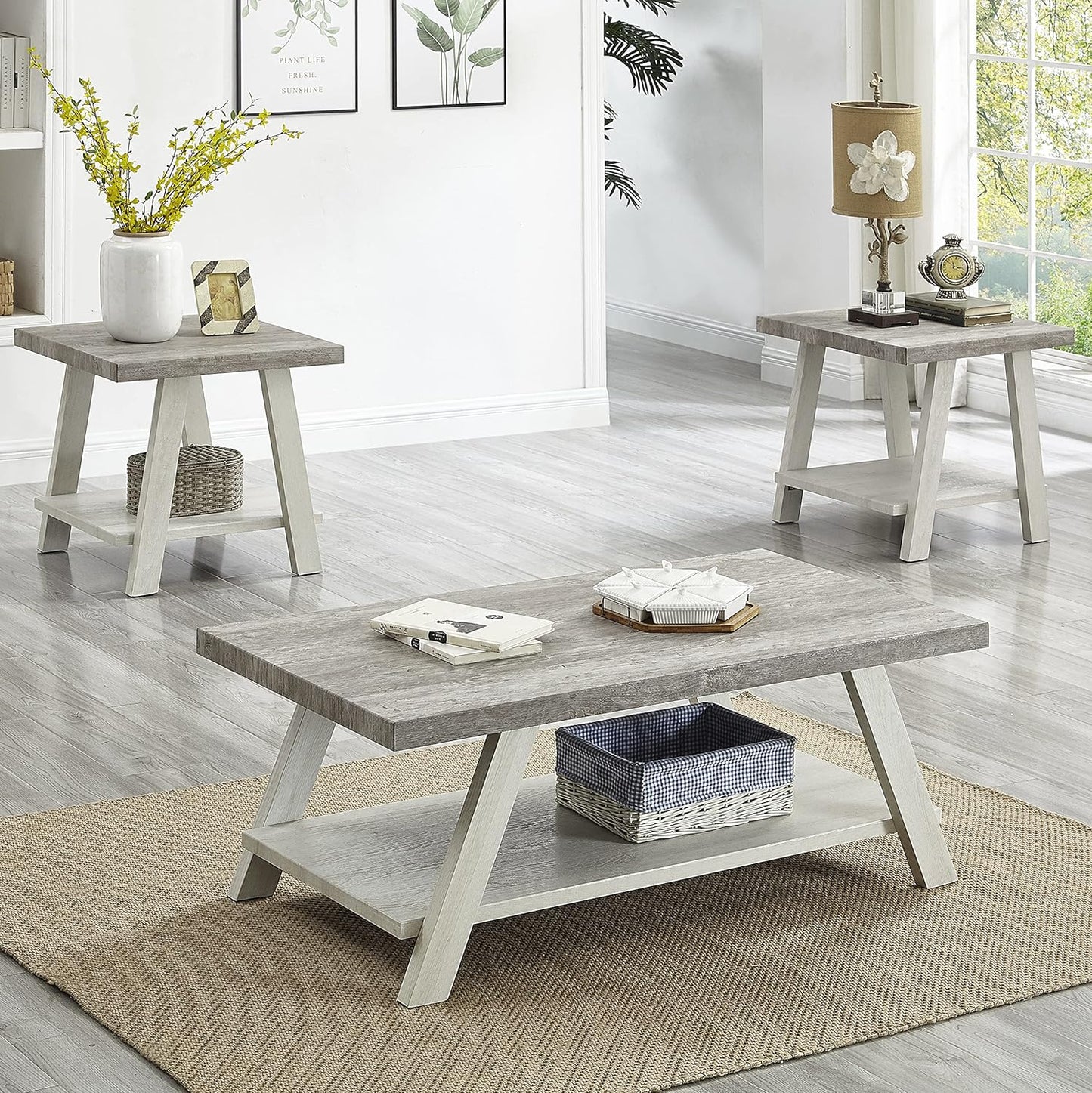 Roundhill Furniture Athens Contemporary 3-Piece Wood Shelf Coffee Table Set, 24D x 48W x 19H in, Gray and Beige