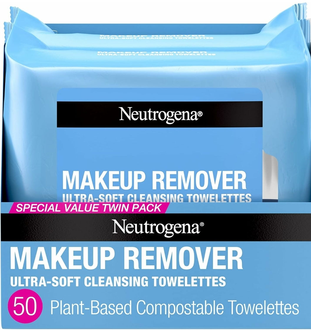 Neutrogena Makeup Remover Wipes, Fragrance Free, for Waterproof Makeup, Alcohol-Free, Unscented, 100% Plant-Based Fibers, Twin Pack, 2 x 25 ct.