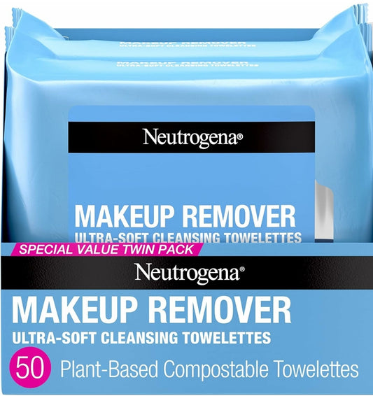 Neutrogena Makeup Remover Wipes, Fragrance Free, for Waterproof Makeup, Alcohol-Free, Unscented, 100% Plant-Based Fibers, Twin Pack, 2 x 25 ct.