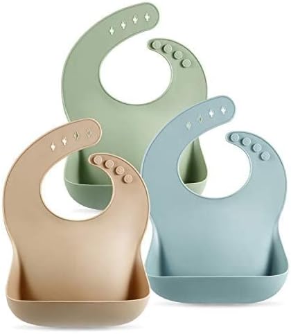 PandaEar Set of 3 Cute Silicone Bibs for Babies & Toddlers (10-72 Months) Waterproof, Soft, Unisex, Non Messy (Brown/Blue/Green)