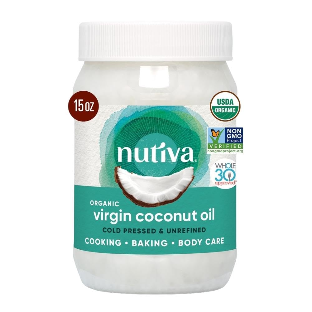 Nutiva Organic Coconut Oil 15 fl oz, Cold-Pressed, Fresh Flavor for Cooking, Natural Hair, Skin, Massage Oil and, Non-GMO, USDA Organic, Unrefined Extra Virgin Coconut Oil (Aceite de Coco)