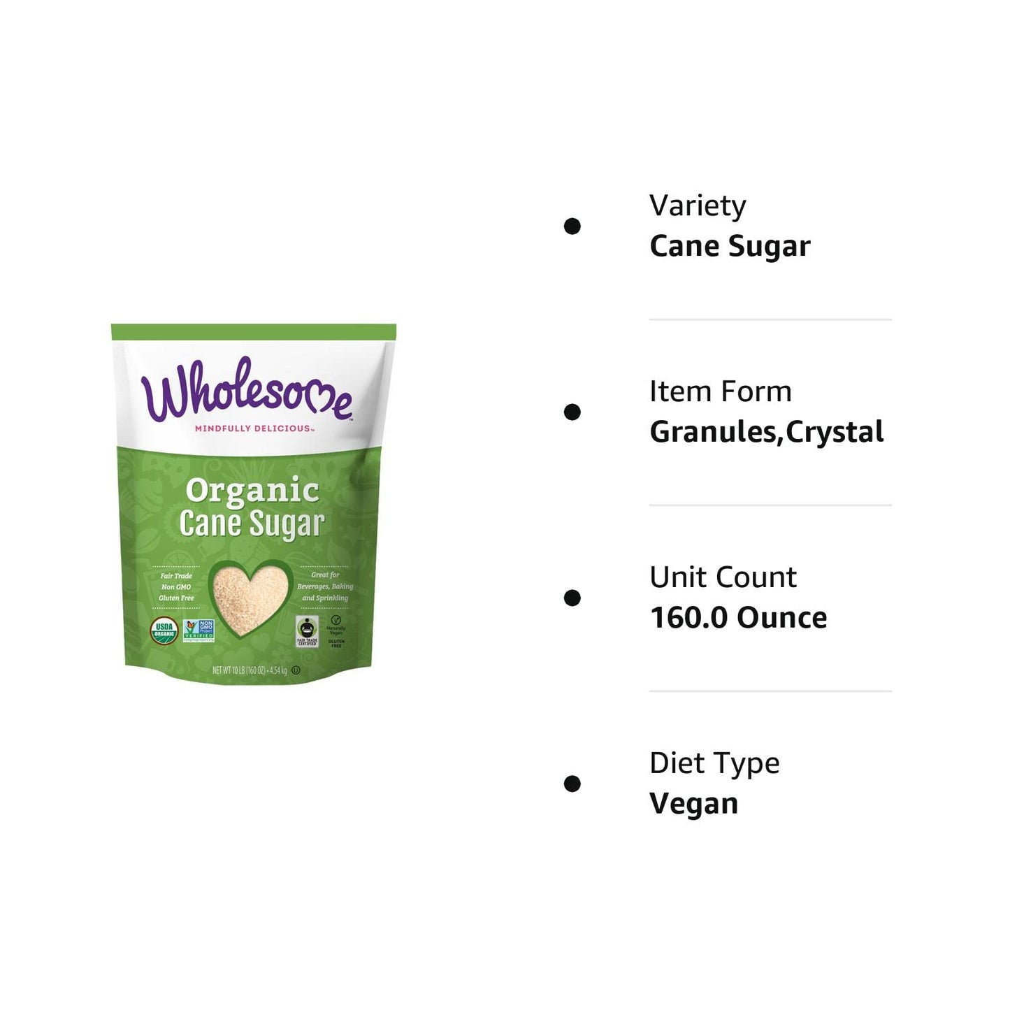 Wholesome Organic Cane Sugar, Fair Trade, Non GMO & Gluten Free, 10 Pound (Pack of 1) - Packaging May Vary