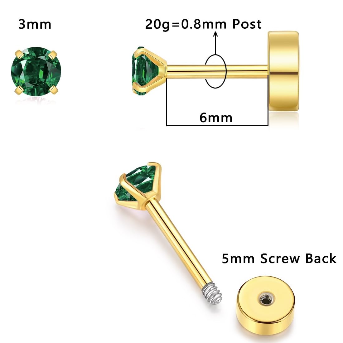 Small Gold Stud Flat Back Earrings for Women 14k Gold, Hypoallergenic Flatback Cartilage Earring Stud, Helix Conch Tragus Piercing Jewelry, Screw Back Tiny Earrings Studs (Gold, Green Emerald)