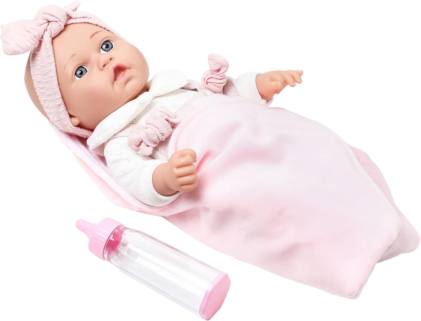 Enjoyin 12'' Baby Doll in Gift Box with Pink Cloths, Pacifier, 13''x13'' Microfabric Blanket, and Feeding Bottle. Gift Idea for Ages 3+