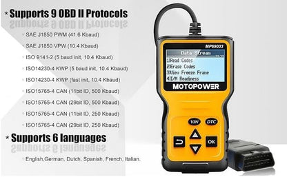 MOTOPOWER MP69033 Car OBD2 Scanner Code Reader Engine Fault Scanner CAN Diagnostic Scan Tool for All OBD II Protocol Cars Since 1996, Yellow